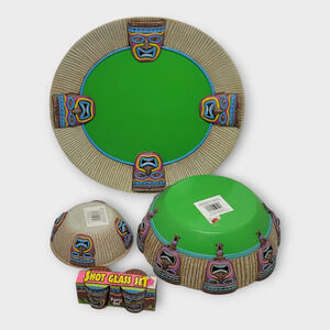 Easter Unlimited Inc Multicolor Hawaiian Tiki Platter Plate Bowl Shot Glass Set